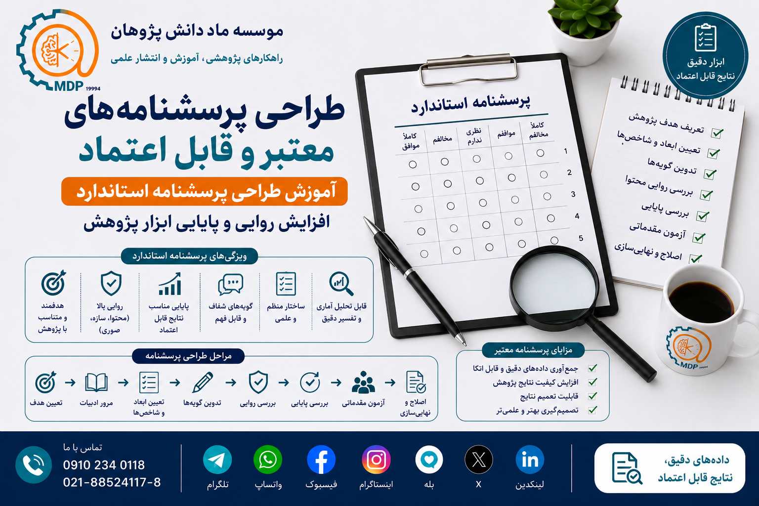 طراحی پرسشنامه استاندارد و معتبر برای پژوهش علمی با آموزش روایی، پایایی، تدوین گویه&zwnj;ها و اعتبارسنجی ابزار تحقیق